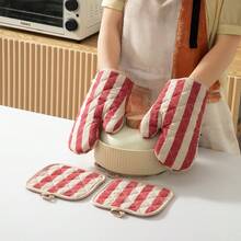 2Pcs Kitchen Heat Resistant Gloves Set Red Stripe Cotton Linen Oven Mitt Pot Holder Non-Slip Insulation Pads For Microwave Baking - View 3