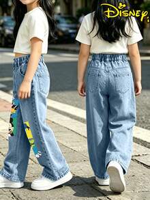 Disney Kids Cartoon Print Blue Jeans,Mickey Donald Pluto Graphic Baggy Wide Leg Soft Denim Casual Sport Outfits For School Daily Outdoor Kids Wear - Dusty Blue - View 2