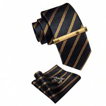 5PCS Men's Black Gold Striped Necktie Set With Full Accessories, Luxury For Wedding Receptions, Business Galas And Gift - Black - View 2