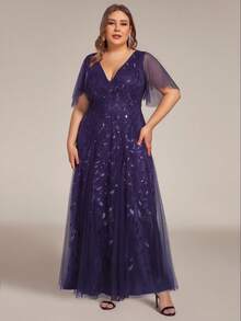 Plus Size Elegant Luxury Charming Butterfly Sleeve Heavy Embroidery Floral Sequin Contrast Mesh Sparkling Formal Evening Gown For Dinner Party Wedding Guest - Purple - View 4