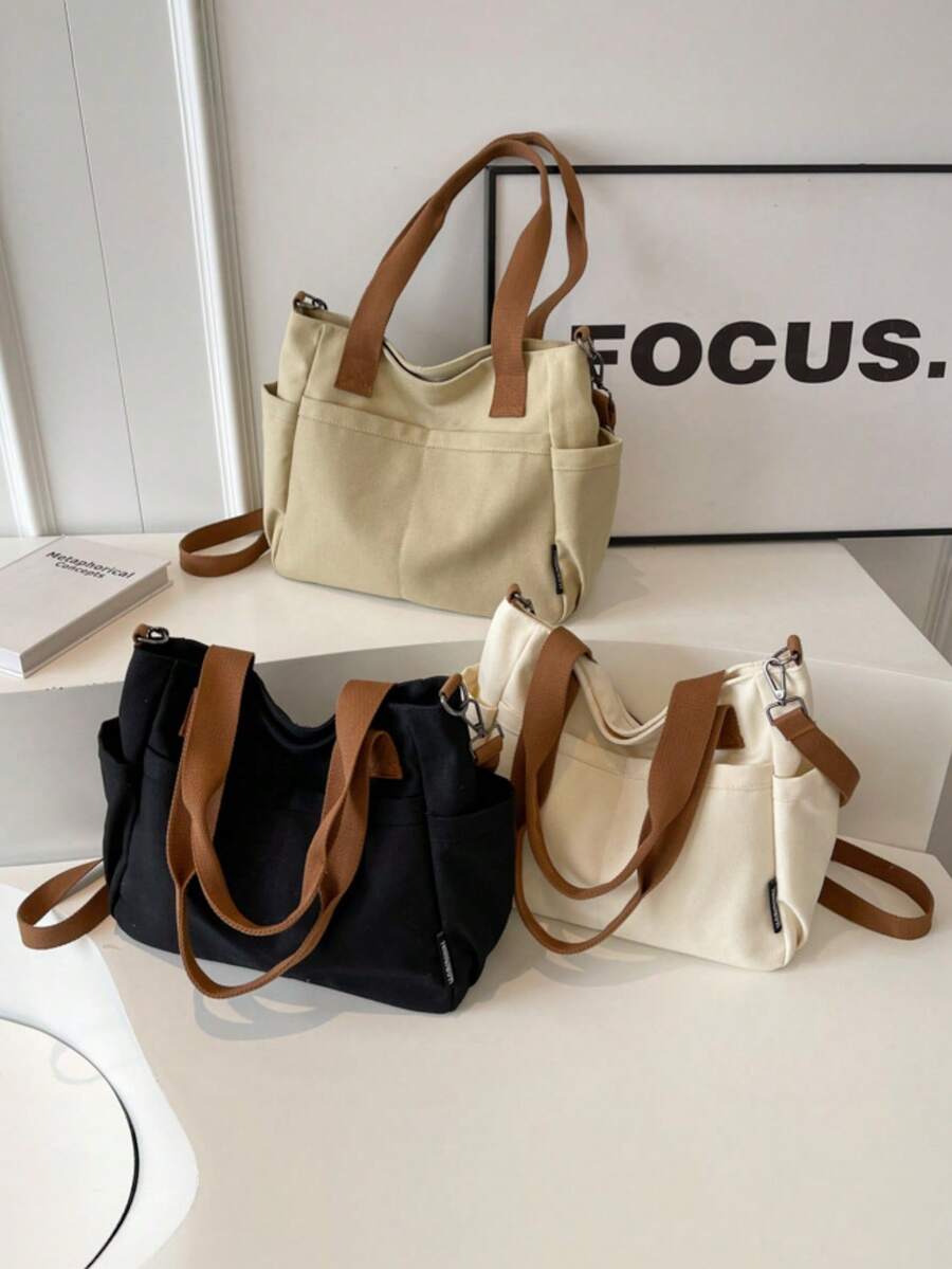 Fashionable Minimalist Solid Color Canvas Bag, New Style College Student Shoulder Crossbody Bag, Women's Casual Multi-Functional Shoulder Tote Bag - Multicolor - View 1