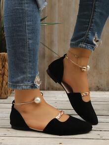 Women's New Pearl Ring Metal Flat Hollow Pointed Toe Low-Top Casual Beach Shoes - Black - View 2