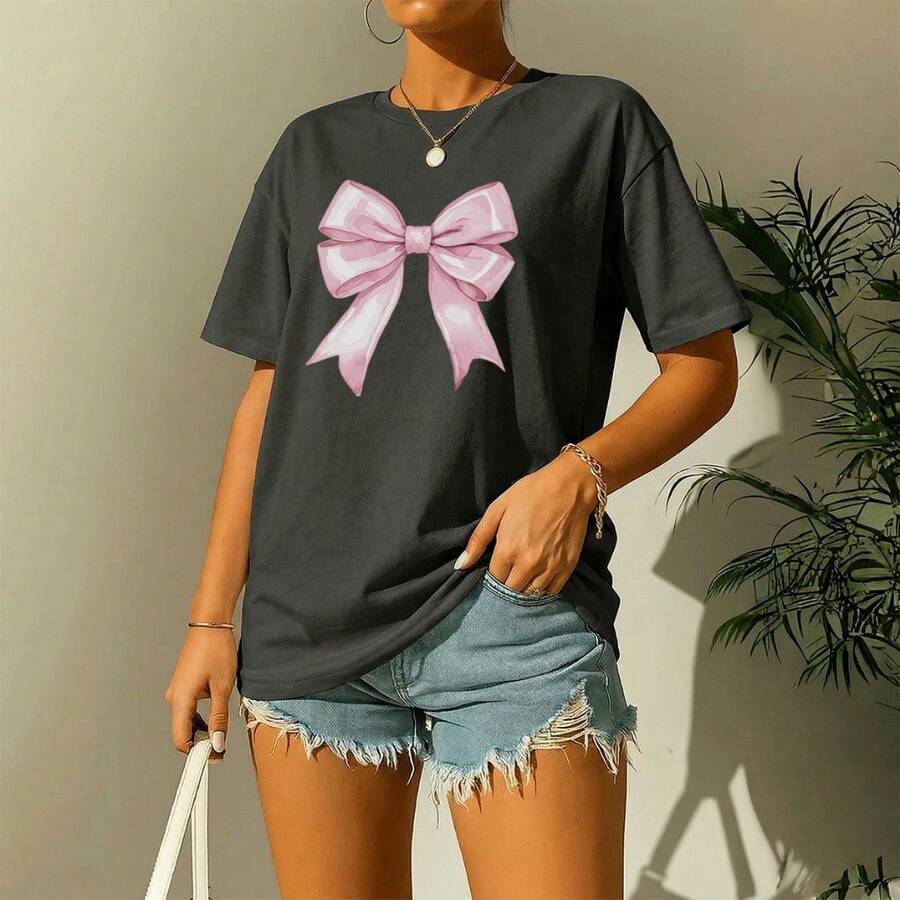 Camiseta Feminina Laço Rosa T-shirt Blogueira Modelo Novo Várias Cores ! - Cinza - Visão 1