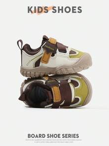 1 Pair Toddler Colorblock Patchwork Round Toe Double Hook & Loop Flat Retro Casual Sneakers For Daily Wear [Select By Actual CM Inner Length] - Khaki - View 2