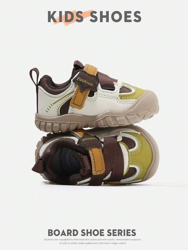 1 Pair Toddler Colorblock Patchwork Round Toe Double Hook & Loop Flat Retro Casual Sneakers For Daily Wear [Select By Actual CM Inner Length]