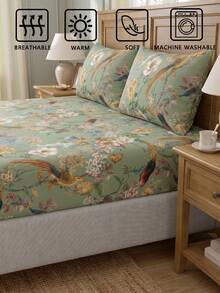 3pcs Flower And Bird Branch And Leaf Prints Fitted Sheet Set - Includes 1 Fitted Sheet & 2 Pillowcases, Soft Polyester With Nostalgic Pattern, Breathable & Machine Washable,VintageStyle ,FloralBedding ,RetroHome - Multicolor - View 5