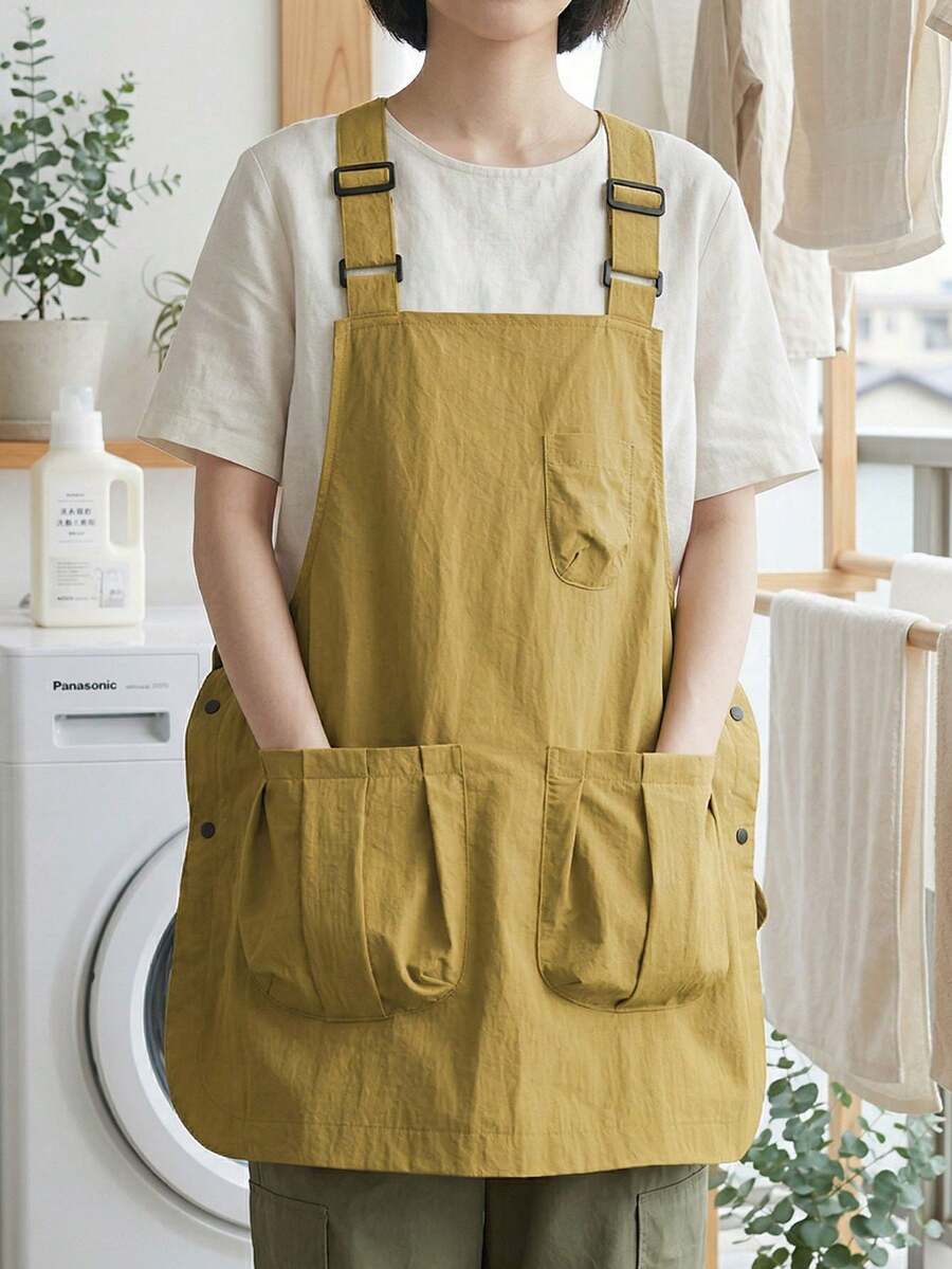 قطعة واحدة مريلة مقاومة للماء والبقع مع أحزمة كتف قابلة للتعديل، تصميم متعدد الجيوب، مناسبة للمطبخ والمطعم والمقهى وصالون الحلاقة وغيرها، للاستخدام الداخلي والخارجي