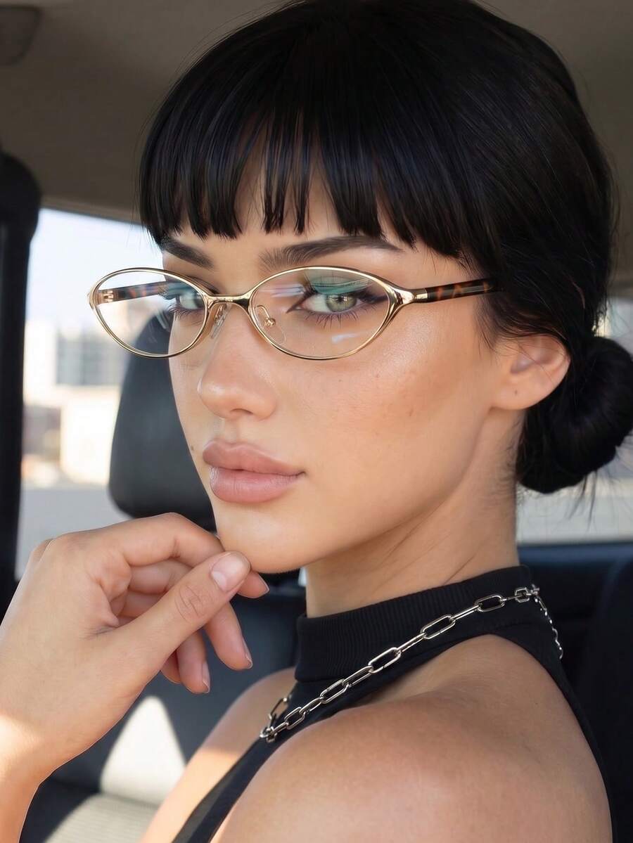 1 Pair Women's Metal Small Oval Frame Y2K Retro Futuristic Tech Style Fashion Clear Lens Glasses - Gold - View 1