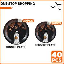 20/30/50-Piece Set Of 7/9 Inch Halloween Disposable Paper Plates, Moon Night Ghost Pumpkin Forest Print, Haunted Tree Bat Design, Vintage Halloween Party Tableware, Party Decor, Dinner Table, Home Gathering - Multicolor - View 14