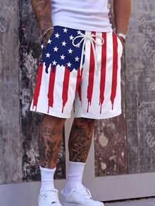 Herren-Strandshorts mit amerikanischer Flagge und Tropfenfarben-Muster, patriotische Sterne-und-Streifen-Badehose mit Kordelzug, rot-weiß-blaue Feiertags-Strandhose - Weiss - Übersicht 9