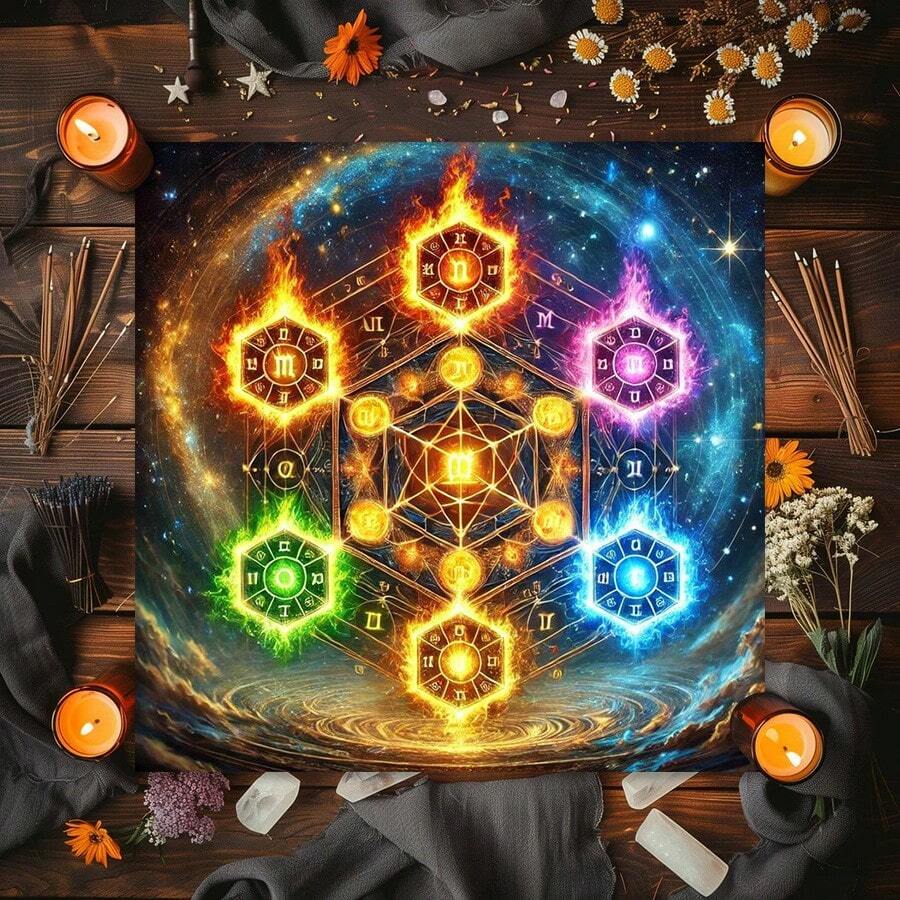 1pc Colorful Elemental Hexagram Tarot Cloth Tree Of Life Starry Cosmic Space Altar Mat Soft Fabric Tarot Spread Table Cloth Mystic Spiritual Astrology Divination Card Mat Wiccan Ritual Home Decor Gift - Black - View 1