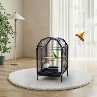 Large Wrought Iron Bird Cage With Play Top And Smooth-Rolling Stand – Suitable For Parrots, Conures, Lovebirds, Cockatiels, And Parakeets | Spacious Design, Sturdy Construction, Easy-Move Casters, Open Play Area On Top, Powder-Coated Finish For Durab