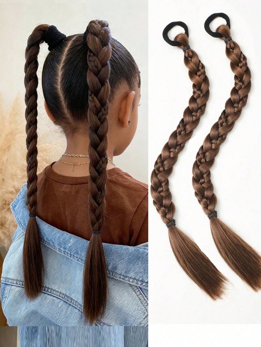 2pcs 18 Inch Synthetic Fiber Braided Wig Hair Bundle, Cute Style Elastic Rubber Band Messy Fishtail Braid Hair Accessory Wig