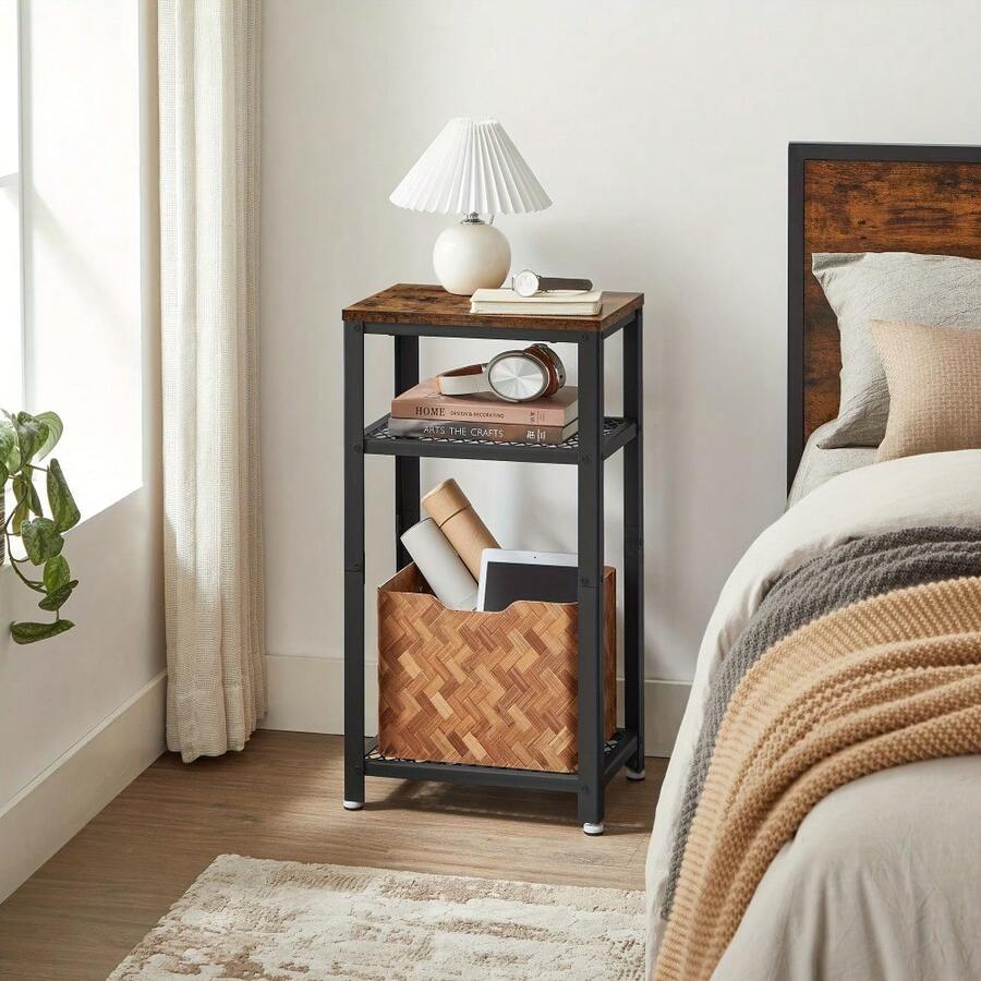 3-Tier Rustic Brown And Black Side Table – Compact End Table With Two Open Shelves For Living Room, Bedroom, Office Or Kitchen Use – Versatile Small-Space Furniture Piece - Rustic Brown and Black - View 1