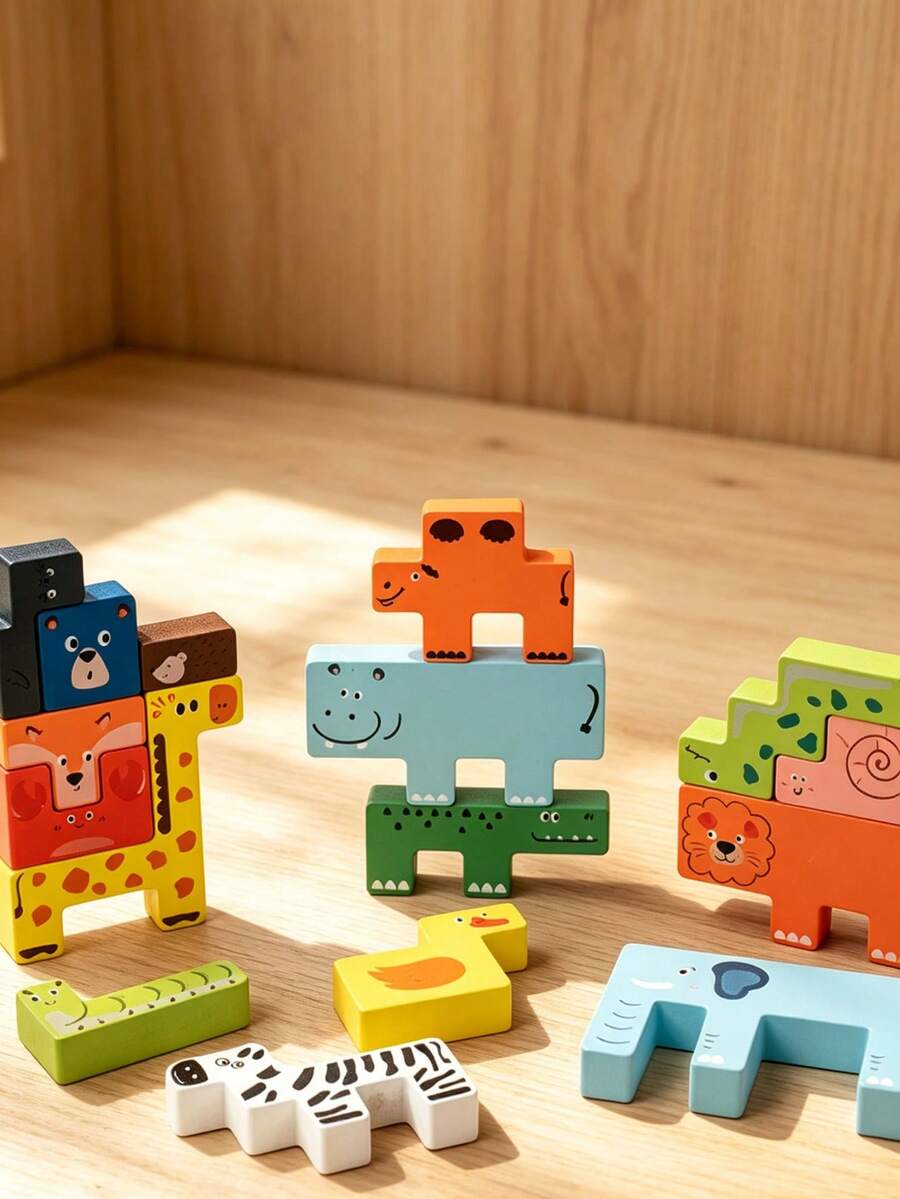 Cartoon Animal Wooden Stackable Puzzle Blocks, Children Balance Stacking Puzzle, Baby Early Education Focus Puzzle, Desktop Toy, Suitable For Babies Over 3 Years Old - Multicolor - View 1