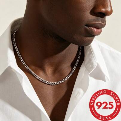 1 pieza Collar de plata de ley S925, collar de cadena de eslabones planos para hombres, collar de estilo grueso de plata para hombres, hipoalergénico, anti-oxidación, estilo minimalista, adecuado para uso diario, discoteca, vacaciones, también un regalo de cumpleaños para él