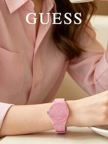 GUESS W0979L6 嬰兒藍女款石英腕錶，一體式矽膠錶帶，壓紋倒三角形品牌標誌，42mm大錶盤，馬卡龍純色休閒中性學生手錶，生日禮物 - 粉色 - 查看 2
