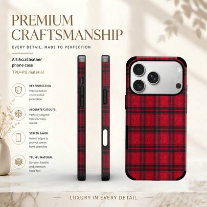 1pc Vintage Classic Scottish Red & Black Plaid Phone Case Pattern Protective Cover Comfortable Grip Microfiber Leather Phone Case Fashionable Phone Protective Cover Microfiber Leather Anti-Drop Anti-Shock Adhesive Craft Soft Shell Suitable For IPhone 17/16/15/14/13/12/11 Pro Max