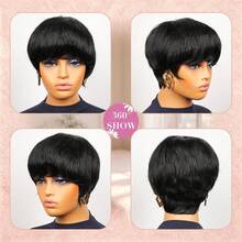 Short Straight Pixie Cut Human Hair Wig With Bangs For Women Layered Remy Brazilian Human Hair Wig Elastic Net Full Machine Made Human Hair Wig Natural Black Colored Wig Holiday Wear Party Wear Daily Wear Music Festival - Natural Black - View 5