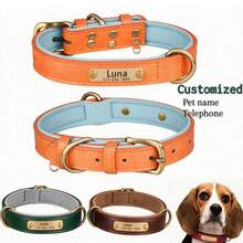 Personalized PU Leather Dog Collar, Soft & Comfortable With Rubber Pad, Customizable ID Tag, Suitable For Small & Medium Dogs, Fashionable & Minimalist Design, Vibrant Colors, Cute & Playful, Vintage, Personalized Gifts, Reflective Design - Brown - View 9