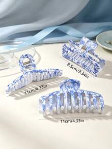 4pcs Minimalist Fresh Blue And White Porcelain Print Square Bone Hair Claw Clips, Premium Versatile One-Line Floral Hair Accessories, Suitable For Thick Hair - Multicolor - View 2