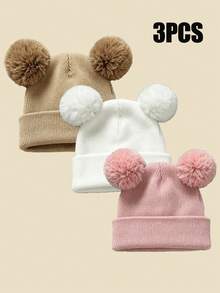 3pcs/Set Baby & Toddler Knitted Double Pom Earflap Hats, Thin Warm, Solid Color Versatile, Suitable For Spring, Autumn, Winter - Multicolor - View 10