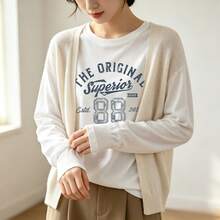 2026 New Arrival, Pure CottonCrew Neck Long Sleeve T-Shirt The Original Superior Clothing Co Print Y2K, Korean Style, Spring Autumn Essential Basic - White - View 3