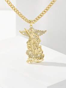 1PC Vintage Women's St. Michael Pendant Necklace, 14K Gold Plated Copper Pendant Inlaid With Zirconia, St. Michael Relief Symbolizing Peace And Protection Paired With Cuban Chain, Suitable For Christmas/Thanksgiving/Halloween/Mother's Day/Valentine's Day/Couples/Friends/Fellow Believers Gift, Catholic First Communion, Gift, Daily And Holiday Wear For Prayer - Yellow Gold - View 3