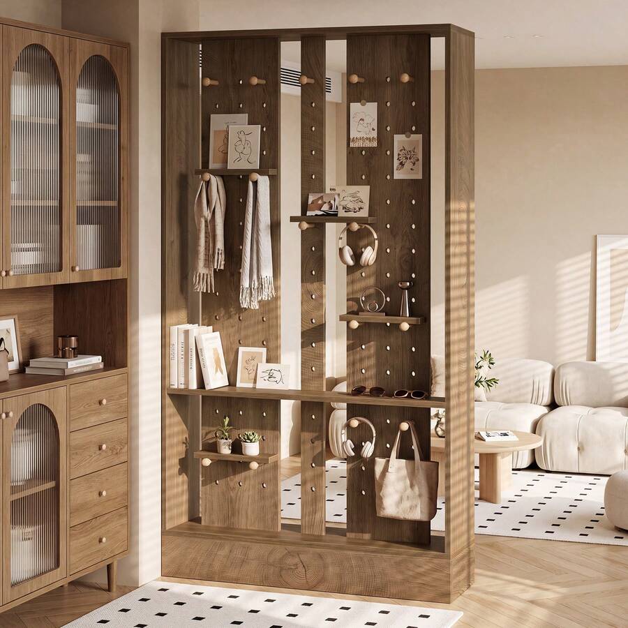 Tribesigns Minimalist Pegboard MDF Room Divider Partition, Freestanding Display Screen With Adjustable Storage Pegs & Shelves For Apartment Decor - Brown - View 1