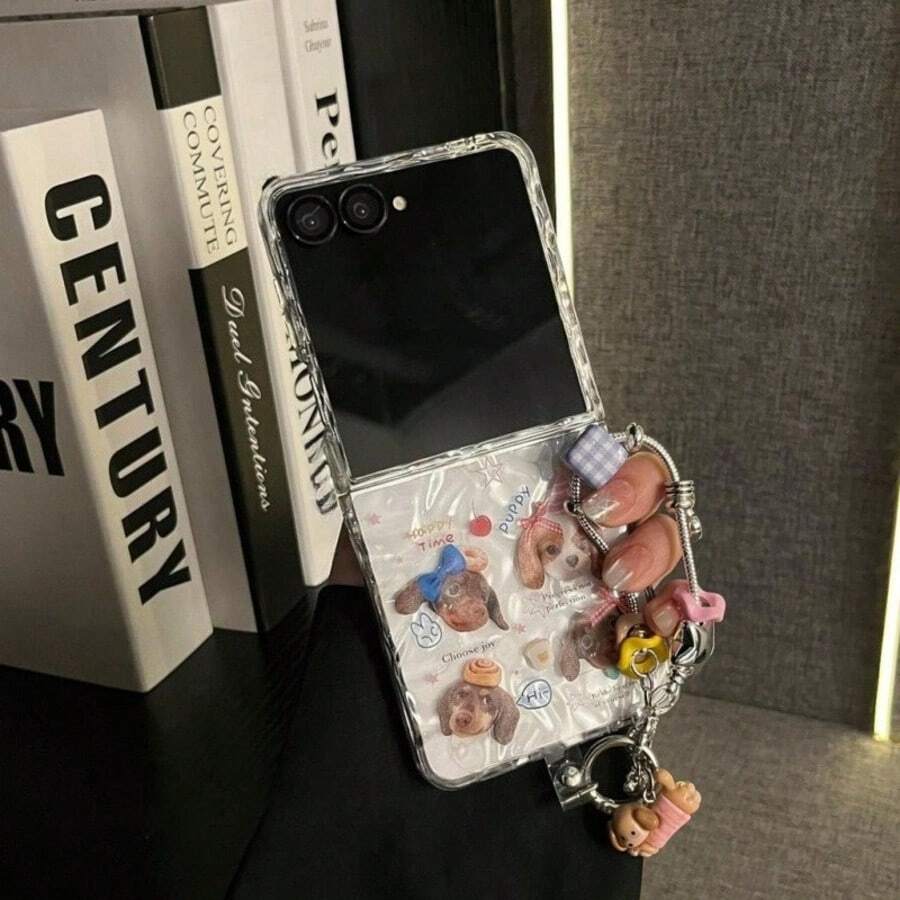 Cute Simple Folds Puppy Transparent Phone Case With Puppy Chain Compatible With Samsung Galaxy Z Flip 7 8 Z Flip8 ZFlip 5 Zflip6 Zflip7 - Clear - View 1