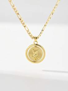 1PC Women's Rotating Round St. Michael The Archangel Pendant Necklace, 14K Gold Plated Copper Material, Rotating Round St. Michael The Archangel Pendant Necklace, Radiating Embossed Sword-Holding Angel Portrait Design Paired With Classic Figaro Chain, Suitable For Christmas/Thanksgiving/Halloween/Mother's Day/Valentine's Day/Couples/Friends/Fellow Believers Gift, Catholic First Communion, Gift, Daily And Holiday Wear For Prayer - Yellow Gold - View 9