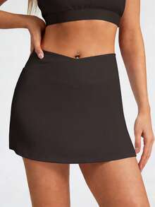 6pecil 2026 Women's Skirt, Criss-Cross Waist, Side Slit, Built-In Shorts, Suitable For Yoga, Pilates, Gym Workout, All Seasons - Coffee Brown - View 7