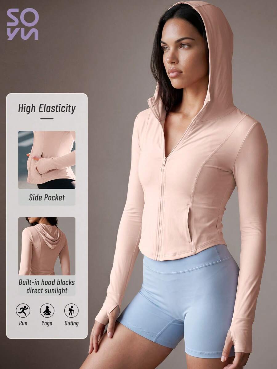 Soyun New Hooded Sports Jacket With Pockets And Thumb Holes, Suitable For Outdoor Activities, Casual Wear, Fitness And Yoga - Pink - View 1