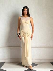1pc Fitted Summer Dress With Sheer Satin Ribbon - Yellow - View 2