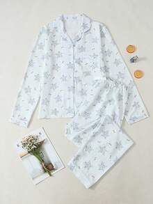 Women's Star Print Long Sleeve Long Pants Bubble Crinkle Pajama Set - Baby Blue - View 1
