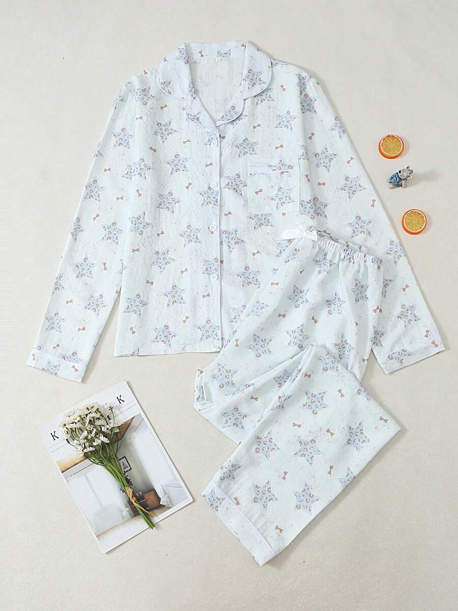 Women's Star Print Long Sleeve Long Pants Bubble Crinkle Pajama Set - Baby Blue - View 1