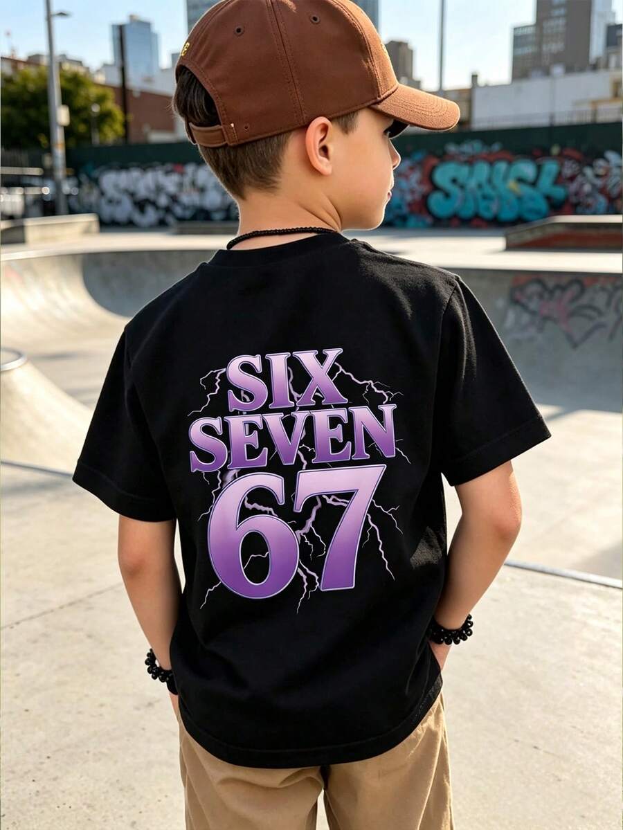تي شيرت أولاد صغار SIX SEVEN 67 بطبعة نمط البرق، ستايل شارع، ياقة دائرية، أكمام قصيرة - الأسود - مشاهدة 1