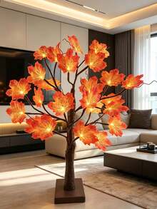 1pc 60CM Red Maple Leaf Tree Light, 24 Warm White LED Lights, 3 AA Battery Box + USB Dual Power Supply, Maple Leaf Atmosphere Tree Lamp, Bedroom Desktop Thanksgiving Autumn Party Homestay Decoration Ornament Light - Yellow - View 3