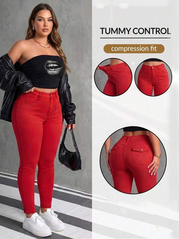 Women's Casual Slim-Fit Denim Jeans, Medium Stretch Fabric, Full Length, With Button Zipper Pockets, Suitable For Spring & Summer Red