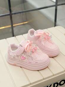 1 Pair Lace Hook And Loop Sports Casual Shoes For Girls, Pink Skate Shoes, Spring/Autumn Style - Pink - View 2