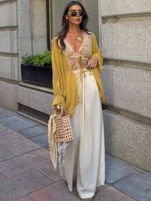 Women Fashion Elegant Lace Stitching V Neck Tops Summer Loose Lace Up Blouse - Mustard Yellow - View 3
