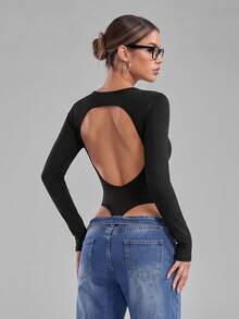 imisic Sexy Long Sleeve Round Neck Hollow Back Design Women's Bodysuit. Essential For Going Out, A Body-Shaping Style. Tight-Fitting Round Neck Long Sleeve Bodysuit, Suitable For Sports, Home And Daily Activities - Black - View 6