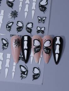 2 Sheets 5D Gothic Skull Butterfly Halloween Nail Stickers 5D Embossed Black White Skull Print Butterflies Skeleton Bone Spider Web Design Self-Adhesive Nail Decals Halloween Party & Daily Nail DIY Decoration - Multicolor - View 6