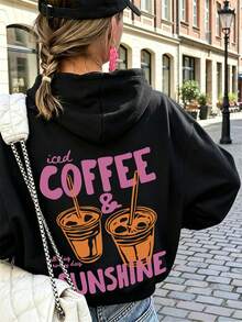 Women's Hooded Sweatshirt, Autumn/Winter New Iced Coffee Pattern And Letter Print, Drawstring Design, With Pockets, Casual Versatile Loose Fit Top, Fashionable Daily Wear - Black - View 6