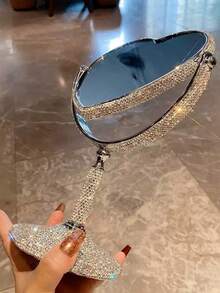 1pc High Definition Double-Sided Makeup Mirror, Highly Attractive Sparkling Artificial Rhinestone Decorated, Rotatable Desktop Mirror, Travel Portable Detachable Touch-Up Mirror, Gift - Silver - View 6