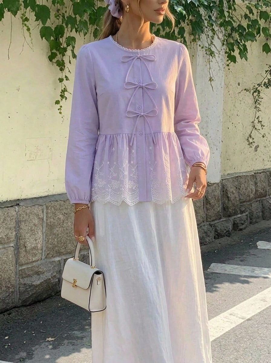 Rikumo 女款甜美蝴蝶結圓領七分袖高腰刺繡拼接襯衫上衣,春季上衣,夏季上衣,度假休閒 - 淡紫色 - 查看 1