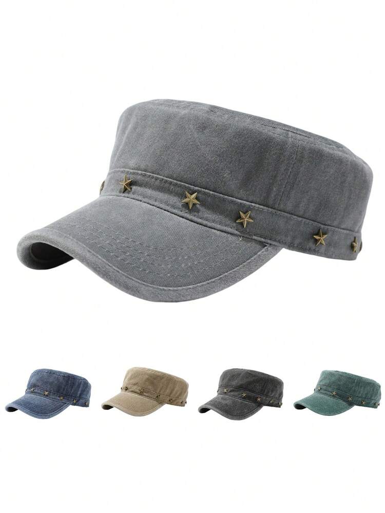 Unisex Vintage Washed Flat Top Military Cap, Metal Star Rivet Decor, Adjustable Outdoor Military Style Sun Hat - Pentagram Flat Roof - View 12
