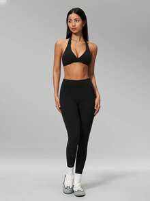 MFVIM 2pcs Set Neck-Hanging Backless Sports Bra & High-Waist Slimming Micro-Compression Peach Butt Cropped Yoga Pants For Women - Premium Black - View 8