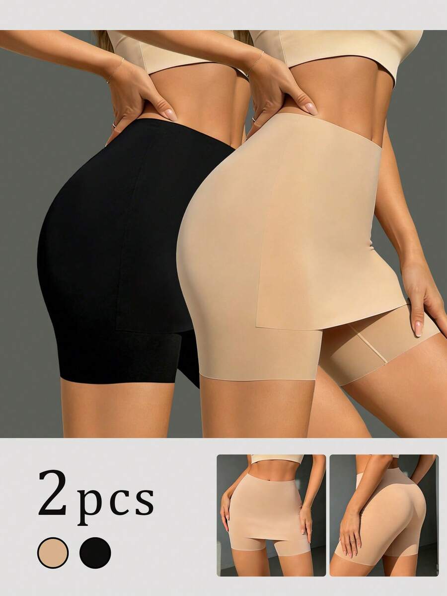 2pcs Solid Color High Waist Comfortable Seamless Anti-Chafing Women's Safety Pants - Multicolor - View 1