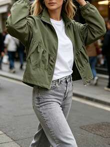French Casual Commuter Style Ruched Stand Collar Short Jacket, Autumn Long Sleeve Utility Lantern Sleeve Everyday Versatile Casual Zip-Up Jacket For Women - Army Green - View 4